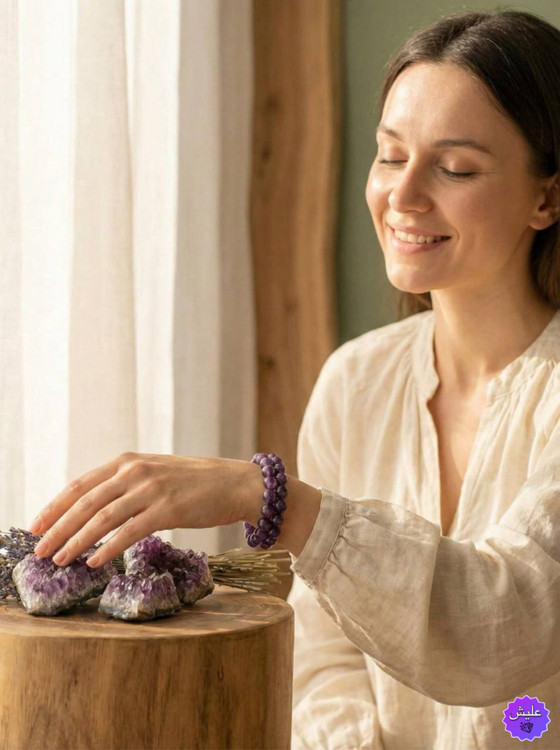 دستبند سنگی آمیتیست زنانه روی دست برای مدیتیشن و آرامش