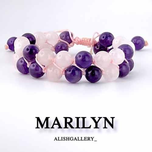 خرید دستبند دخترانه با سنگهای عشق و آرامش | رزکوارتز و آمیتیست اصل با طراحی ظریف