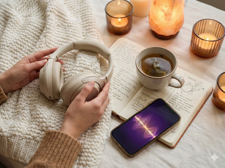 فضای آرامشبخش زنانه برای گوش دادن به فایل صوتی سابلیمینال برنامهریزی ناخودآگاه با هدفون.