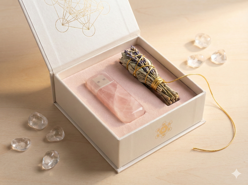 پکیجینگ لوکس و اختصاصی سابلیمینال قطع بند ناف انرژی و دیتاکس روح همراه با کریستال کوارتز صورتی.