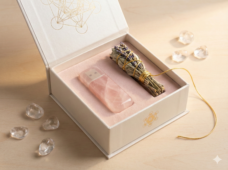 پکیجینگ لوکس و اختصاصی سابلیمینال قطع بند ناف انرژی و دیتاکس روح همراه با کریستال کوارتز صورتی.